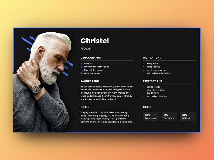 a black and blue resume template with an older man's profile on the front