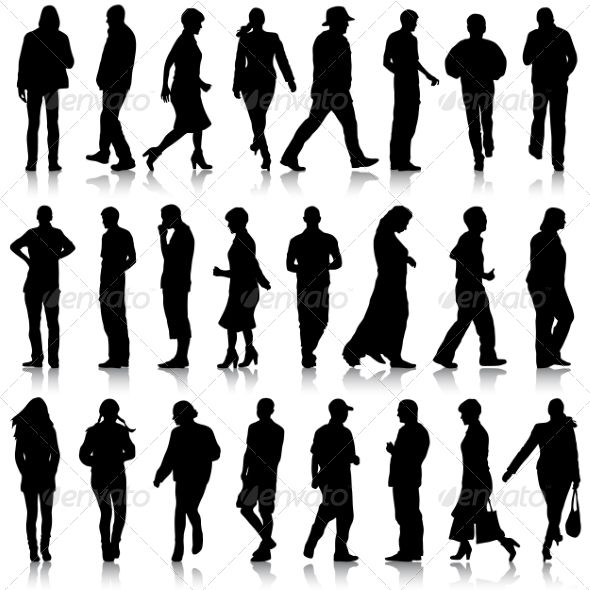 silhouettes of people standing and walking in different poses, all looking at their cell phones