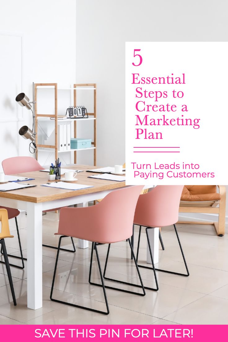 a white table with pink chairs on it and the words 5 essential steps to create a marketing plan