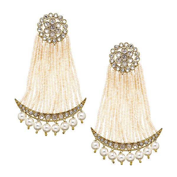 Jai Earrings in Pearl Elegant Kundan Danglers For Celebration, Elegant Kundan Chandelier Earrings With Pearl Drop, Elegant Pearl Drop Danglers For Reception, Festive Elegant Dangling Bead Earrings, Festive Gold Plated Bridal Earrings, Festive Elegant Earrings With Dangling Beads, Elegant Festive Latkans Earrings, Gold Pearl Earrings With Latkans, Temple Jewelry Chandbali Earrings With Pearl Chain