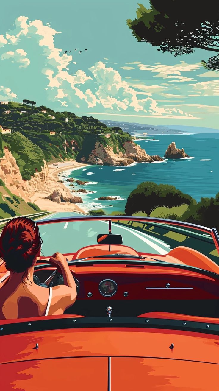 a woman driving an orange convertible car down a road next to the ocean