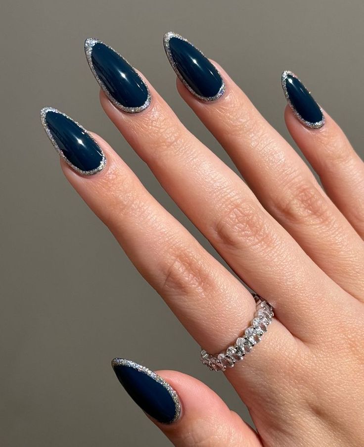 Navy And Silver Nails, Navy Blue Nail Designs, Blue And Silver Nails, Silver Nail Designs, Dark Blue Nails, Navy Nails, Navy Blue Nails, Formal Nails, Prom 2024