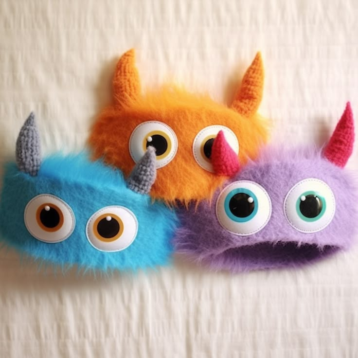 three stuffed animals with horns and eyes laying on a white sheet in the shape of monster heads