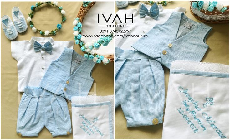 baby boy clothes and accessories laid out on a bed with the name ivah written in blue