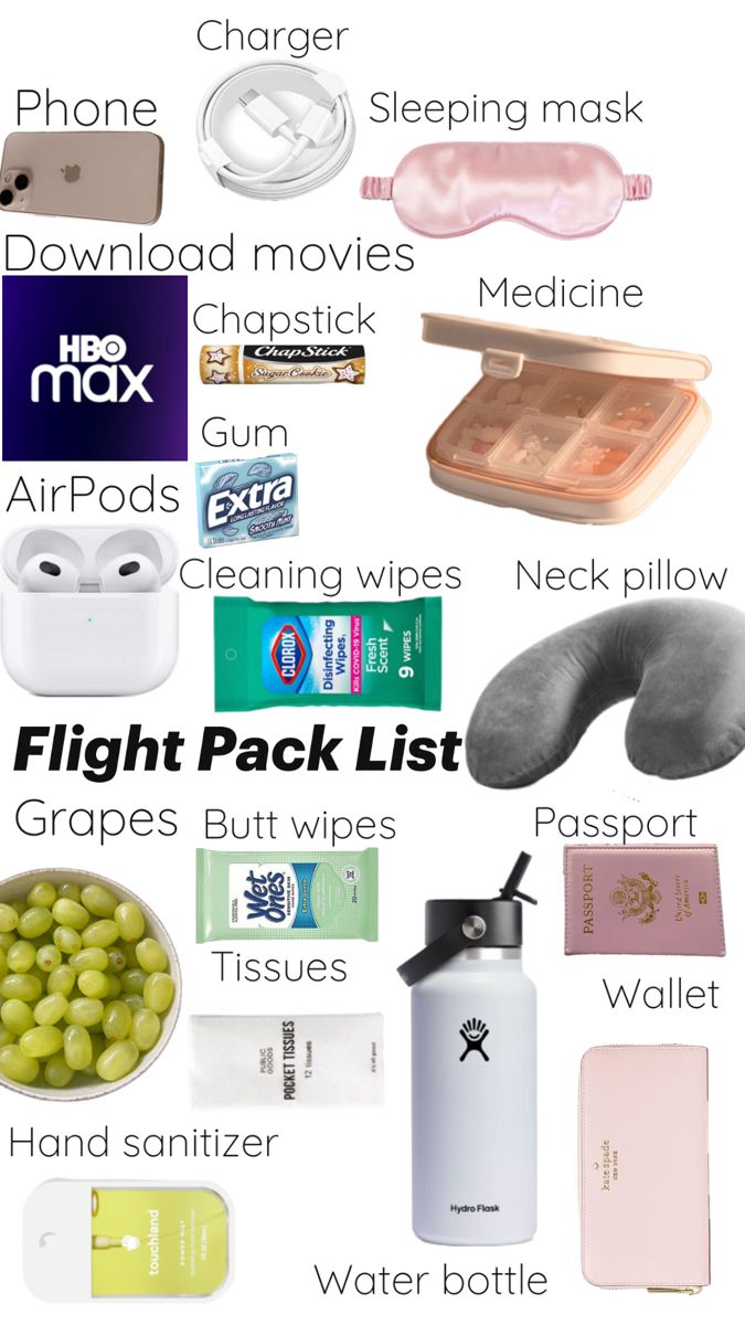 the contents of an airplane are shown in this graphic style, including water bottles, sleeping masks, and other items