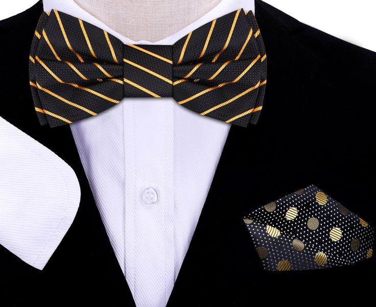 Black And Gold Perfect Stripe Bow Tie Introducing the ultimate accessory for the sophisticated gentleman - the black and gold pinstripe silk bow tie. This sleek and elegant bow tie is crafted from the finest silk and boasts a luxurious sheen that catches the light in all the right places, highlighting the subtle details of its classic pinstripe pattern. Available in both self-tie and pre-tied options, this bow tie is perfect for bow tie enthusiasts of all levels. The black and gold color scheme Black And Gold Color Scheme, Types Of Bows, Tie Matching, Pinstripe Pattern, Gold Color Scheme, Silk Bow Ties, Black Tie Affair, Silk Bow, Silk Pocket Square