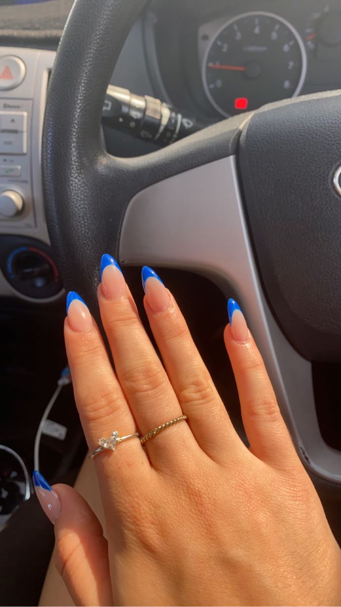 Royal Blue Prom Nails, Blue French Tip Nails, Dance Nails, Blue Prom Nails, Blue French Tip, Rounded Acrylic Nails, Hoco Nails, Royal Blue Nails, Dark Blue Nails