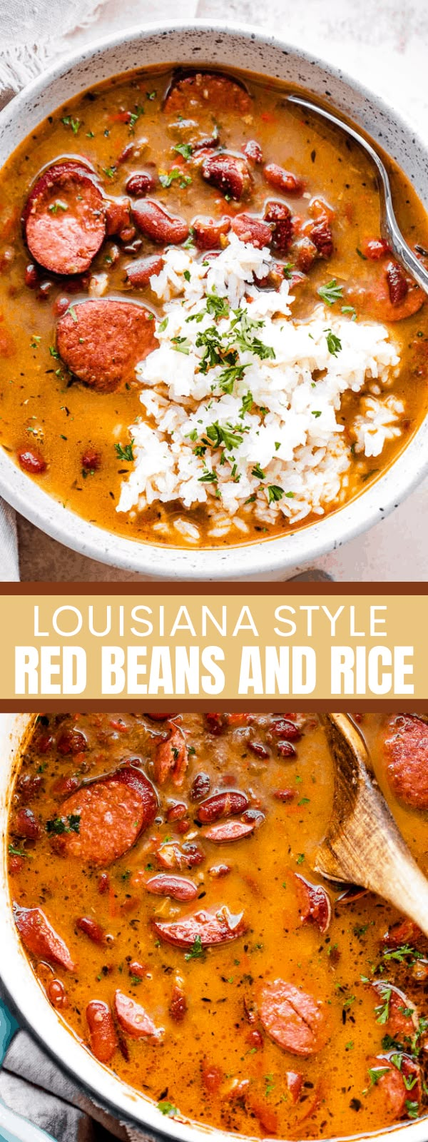 two bowls of red beans and rice with sausages in the middle, on top of each other