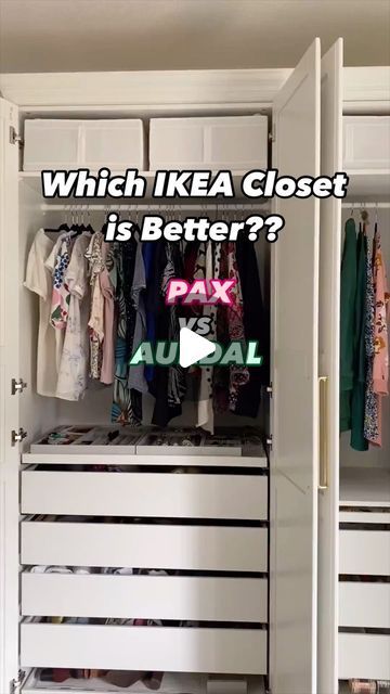 an open closet with clothes hanging on it and the words which ikea closet is better?