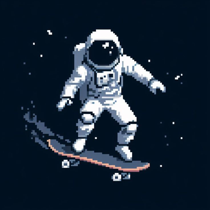 an astronaut is riding a skateboard in space pixel art style on dark blue background