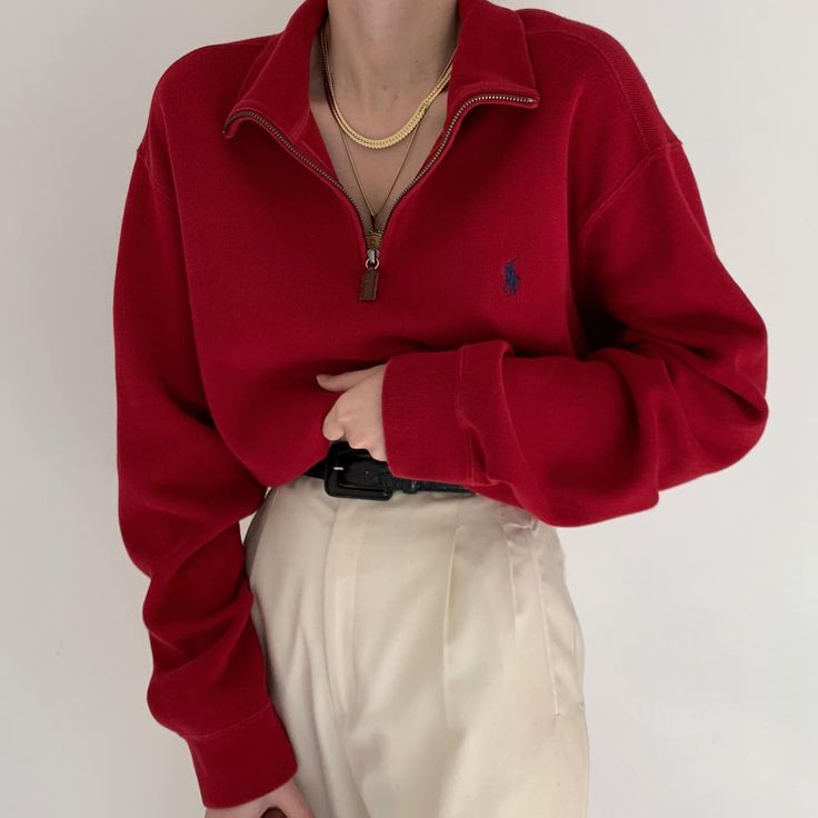 Polo Women Outfit, Zipper Sweater Outfit, Half Zip Outfit, Half Zip Sweater Outfit, Ralph Lauren Sweater Outfit, Red Outfit Winter, Zip Sweater Outfit, Red Sweater Outfit, Sweater Women Outfit