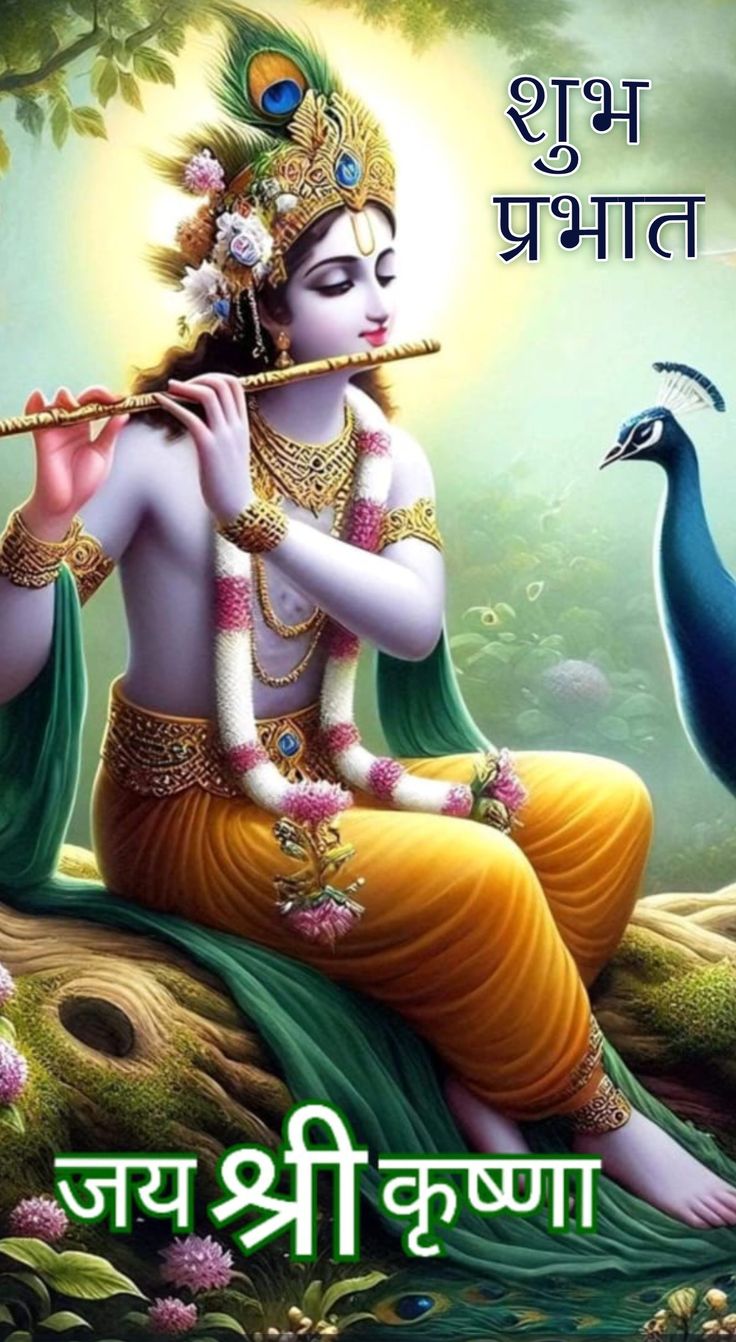 the god playing flute with peacocks in front of him and his name written on it