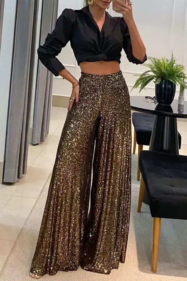 Splash of Luxury Sequin Elastic Waist Flare Pants Sequins Pants, Sequin Flare Pants, Trousers Baggy, High Waisted Flare Pants, Wide Leg Pants Outfits, Sequin Boots, Leg Pants Outfit, High Waist Wide Leg Pants, Sequin Pants