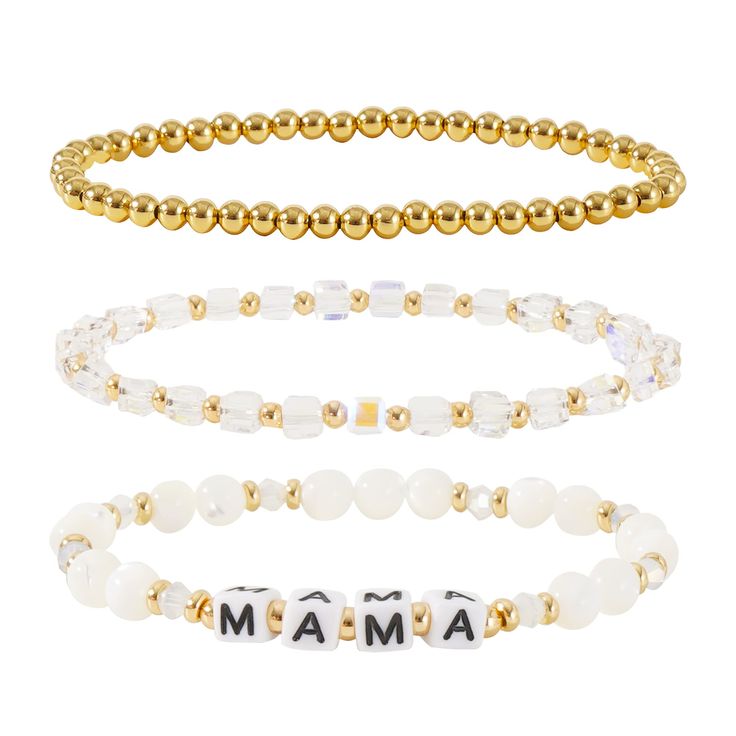 PRICES MAY VARY. 【Gold Crystal Bracelets Set】mama bracelet is a stunning addition to any woman's jewelry collection. dainty gold beaded bracelet is delicately adorned with sparkling crystals and natural stone beads, creating a luxurious and sophisticated look. This beaded bracelets set comes with three separate pieces that can be worn together or separately, making it versatile and perfect for any occasion 【Hypoallergenic】14k REAL gold plated, we make our bracelets lead-free, nickel-free to prot Adjustable White Name Bracelet With Gold Beads, White Beaded Jewelry For Mother's Day, Mother's Day White Beaded Jewelry, White Beaded Bracelet For Mother's Day, White Round Beads Bracelets For Mother's Day, White Beaded Bracelets With Round Beads For Mother's Day, White Beaded Bracelets For Mother's Day, White Round Beaded Bracelets For Mother's Day, White Stretch Bracelet With Gold Beads As Gift