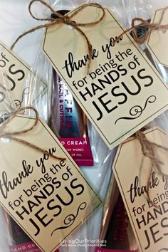 thank you for being in the hands of jesus gift tags with twine and ribbon