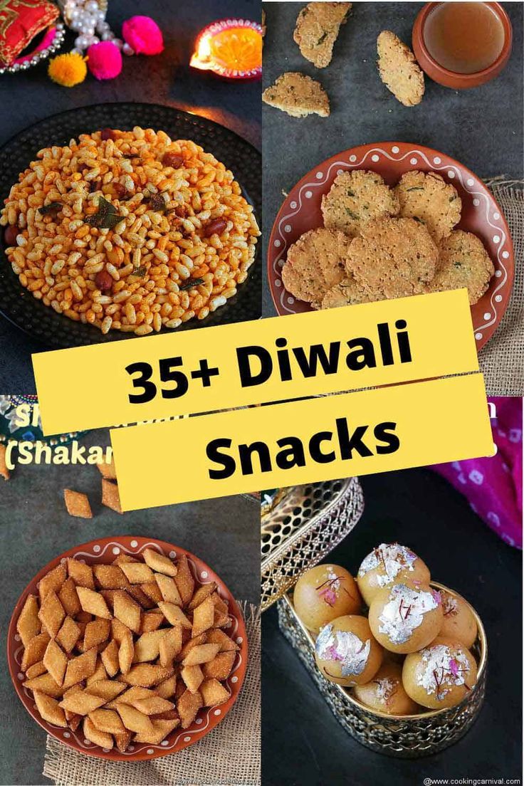 different types of diwali snacks in bowls on a table with text overlay that reads, 35 + diwali snacks