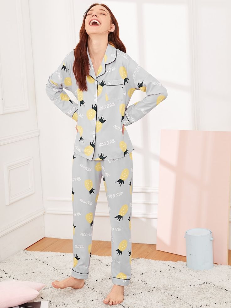 Pineapple & Letter Print Pajama Set -SHEIN(SHEINSIDE) Night Suits Pajama Set Design, Night Wears Pajamas, Cute Night Suits For Women, Girls Night Suits Design, Night Pajamas For Women, Night Suits For Women Pajama Set, Night Suit Designs For Women, Night Dress For Girl, Nightsuits For Women