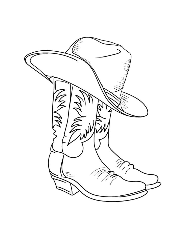 a cowboy hat and boots are shown in black and white, as well as an outline drawing