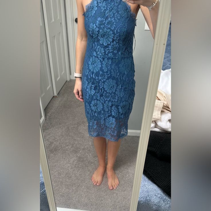 Blue Lace Midi Dress With Lace Up Back Blue Lace Sleeveless Midi Dress, Sleeveless Blue Lace Midi Dress, Blue Lace Midi Length Dresses, Blue Lace Midi Dress For Evening, Blue Lace Midi Dress For Night Out, Blue Lace Midi Dress For Date Night, Blue Lace Mini Dress For Date Night, Blue Lace Dress For Date Night, Blue Lace Midi Dress