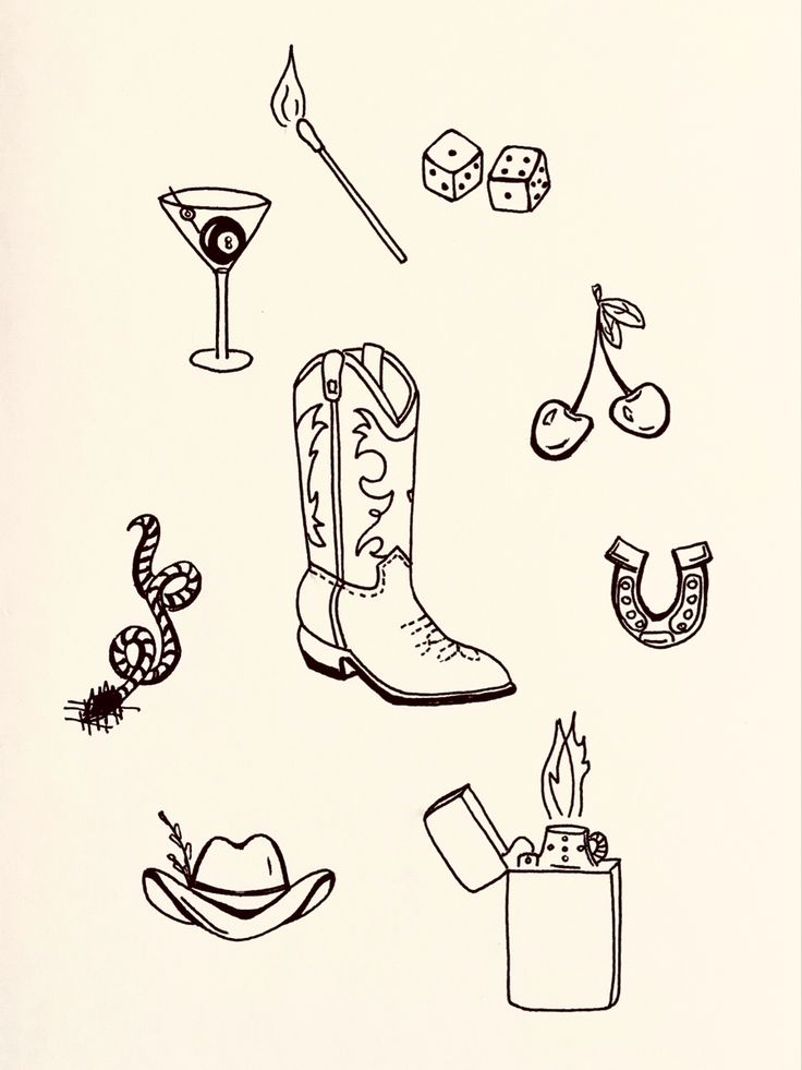 an ink drawing of cowboy boots and other items