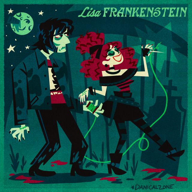 a couple of people standing next to each other in front of a green background with the words les frankensten on it