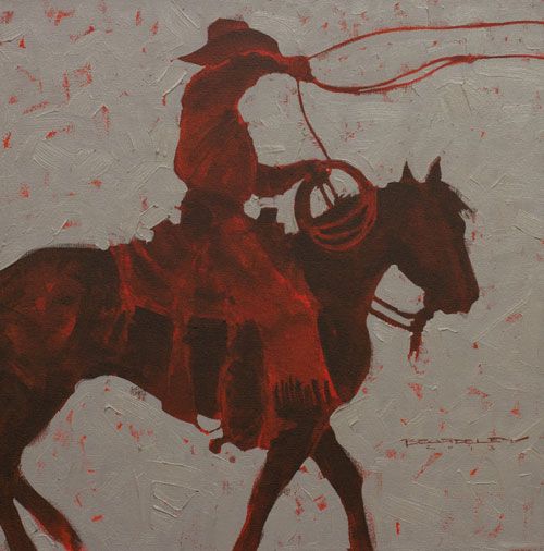 a painting of a man riding on the back of a horse with a lasso