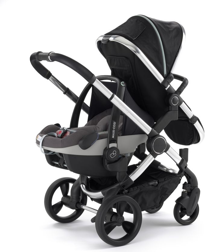 the stroller is black and grey with silver trims on it's wheels