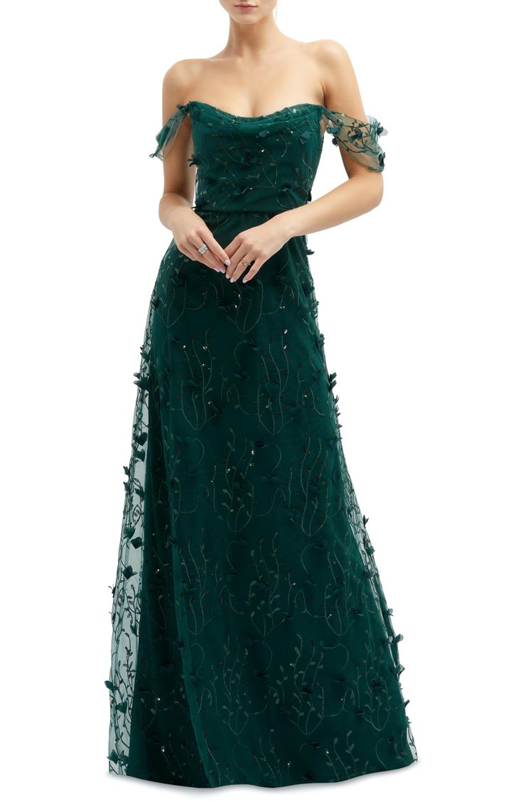 Dessy Collection 3D Embroidered Off the Shoulder Gown | Nordstrom Prom Dresses Off The Shoulder, Midi Gowns, Dessy Collection, Organza Gowns, Alfred Sung, Emerald Green Dresses, One Shoulder Gown, Women Formals, Satin Gown