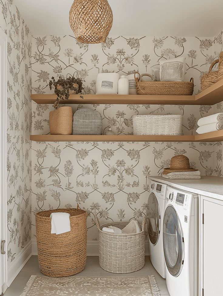 a washer and dryer in a small room with wall paper on the walls