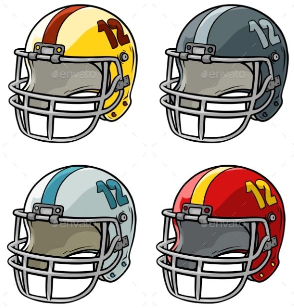 four football helmets with different colors and numbers on them - sports / activity objects illustrations