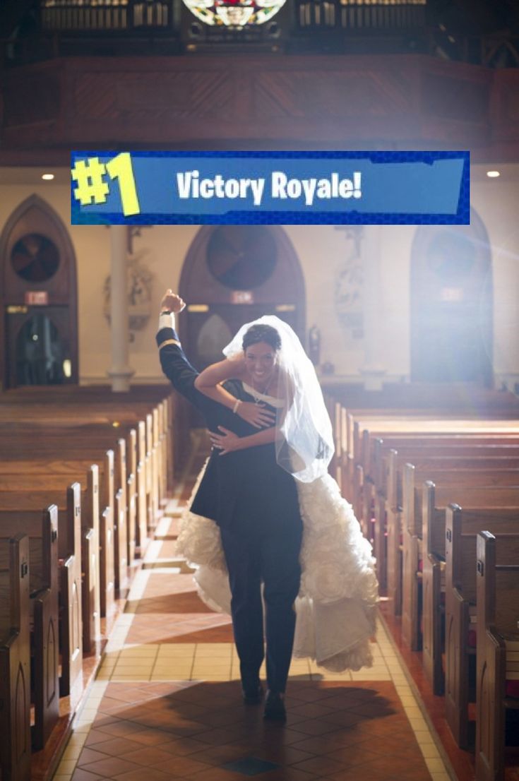 the bride and groom are walking down the aisle in their wedding ceremony at victory royale