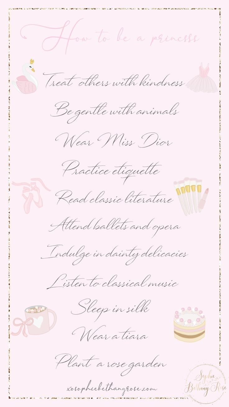 the menu for a princess themed birthday party with pink and gold lettering on white paper