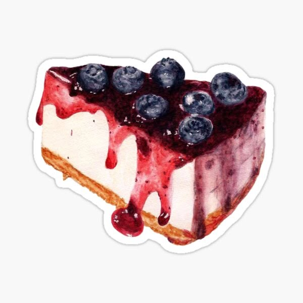 a piece of cheesecake with blueberries on top sticker is shown in this image