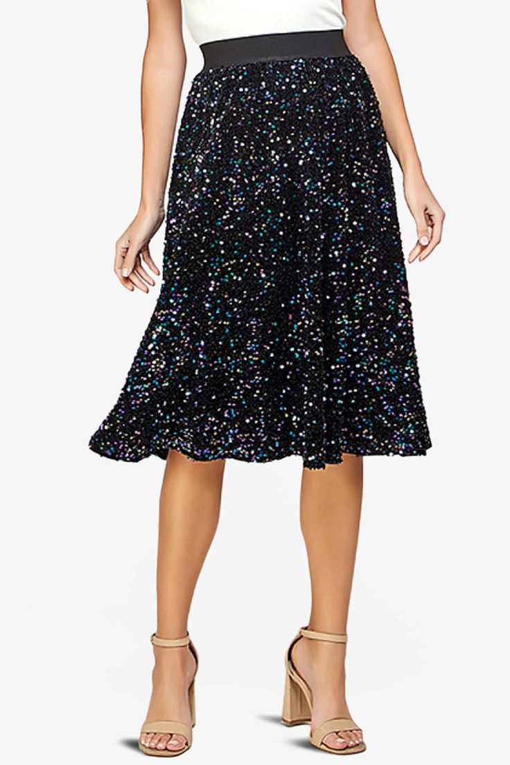 Ulyana Sequin A-Line Midi Skirt BLACK_1 Sequin Midi Skirt, Knee Skirt, Timeless Chic, Knee Skirts, Sequin Design, Skirts For Sale, Midi Length, Everyday Fashion, Midi Skirt