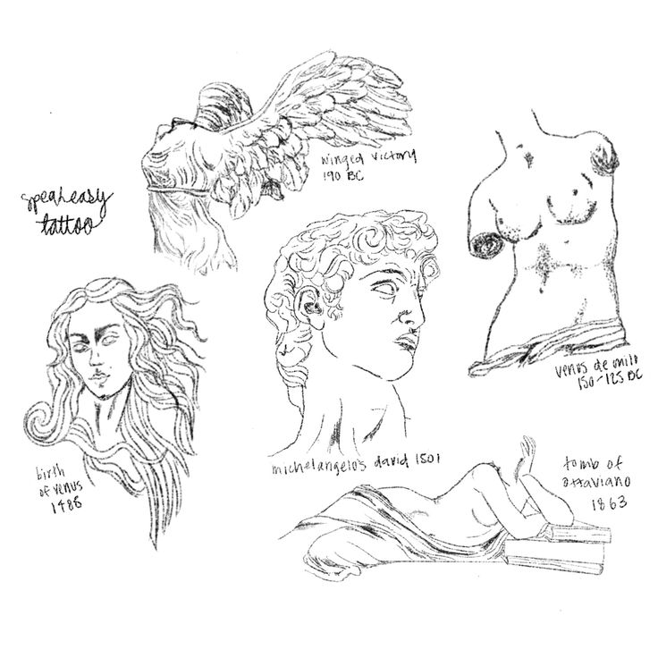 some drawings of women with different hair styles and body shapes, including one woman's head