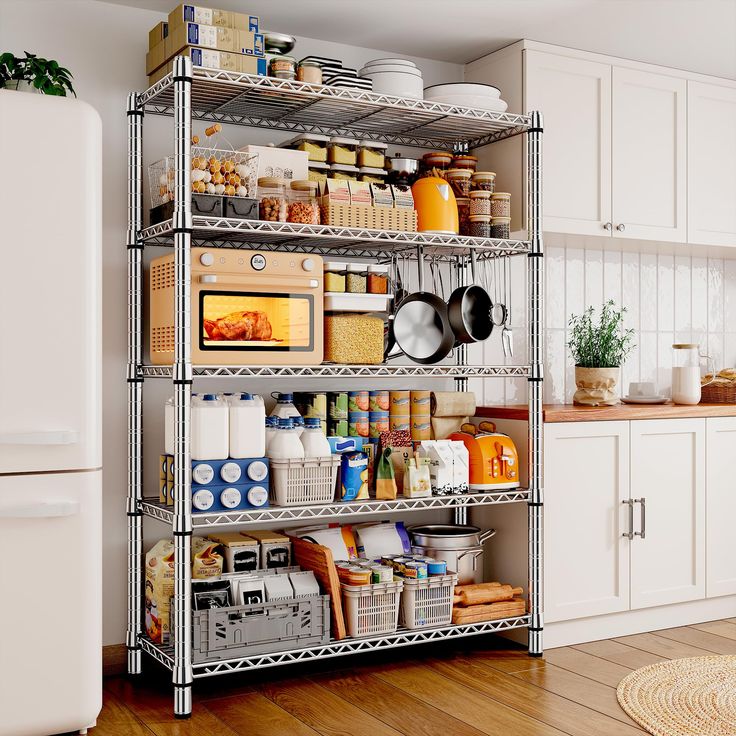 an organized kitchen pantry with lots of food