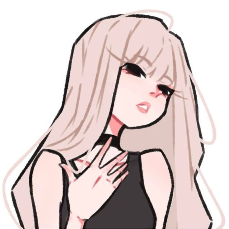 a drawing of a woman with long blonde hair wearing a black dress and holding her hand on her chest