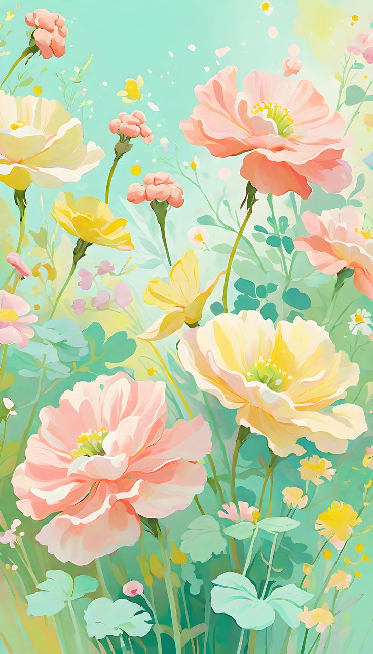 a painting of pink and yellow flowers on a blue background