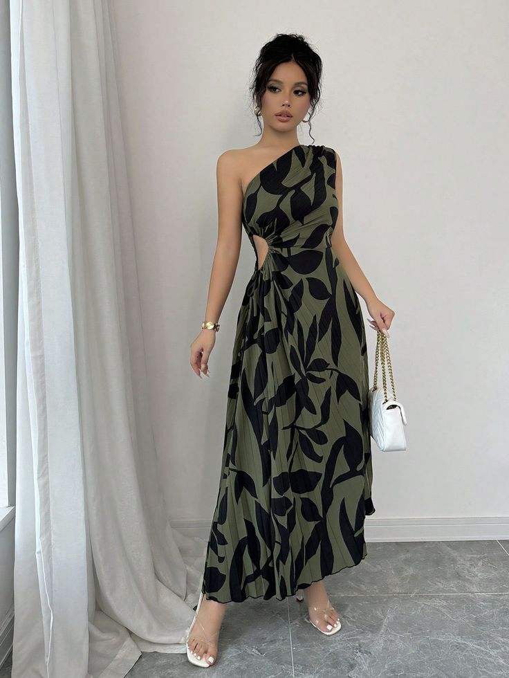 Women's Elegant Floral Print Asymmetric Neck Hollow Out Waist Drawstring Pleated Dress, Summer Maxi Women Outfit Army Green Casual  Sleeveless Fabric Geometric,Plants,All Over Print A Line Non-Stretch  Women Clothing, size features are:Bust: ,Length: ,Sleeve Length: Casual Green One-shoulder Maxi Dress, Green Sleeveless Asymmetrical Summer Dress, Green One-shoulder Asymmetrical Dress For Summer, Green Summer Dress With Abstract Print, Green Printed Beachwear Dress, Asymmetrical Dress Casual, Cotton Long Dress, Ruffle Hem Dress, Long Summer Dresses