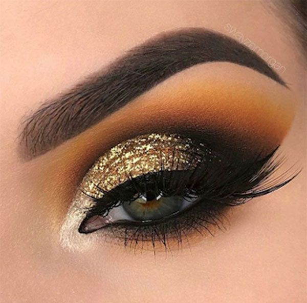 Bossy Girl Cosmetics, Newport Beach, California, #eyeshadowpalette, Gold Glitter Eye Shadow, Smokey Eye Look, Black Winged Liner, Eye Shadow, MakeUp Eye Ideas, Pageant Makeup, Make Up Designs, Make Up Gold, Gold Eye Makeup, Dramatic Eye Makeup, Make Up Inspiration, Glitter Eye Makeup, Brown Eye