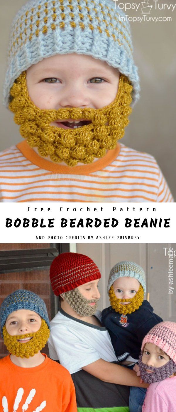 two pictures of children wearing knitted hats and beards with the caption bubble beanie crochet