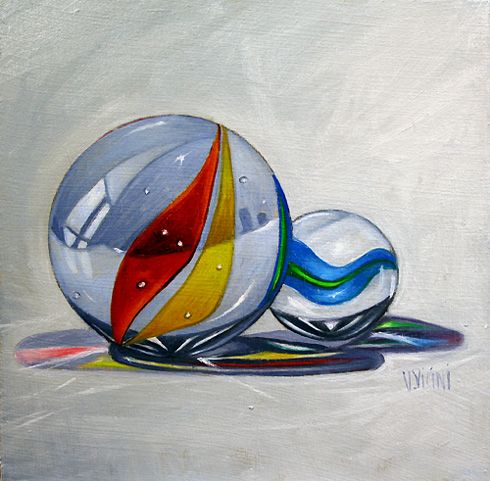 an acrylic painting of three glass balls