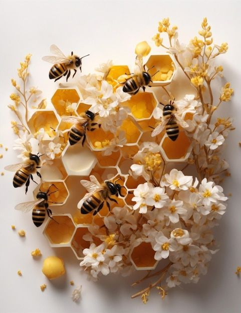 several honeybees and white flowers on a white surface with one bee in the center