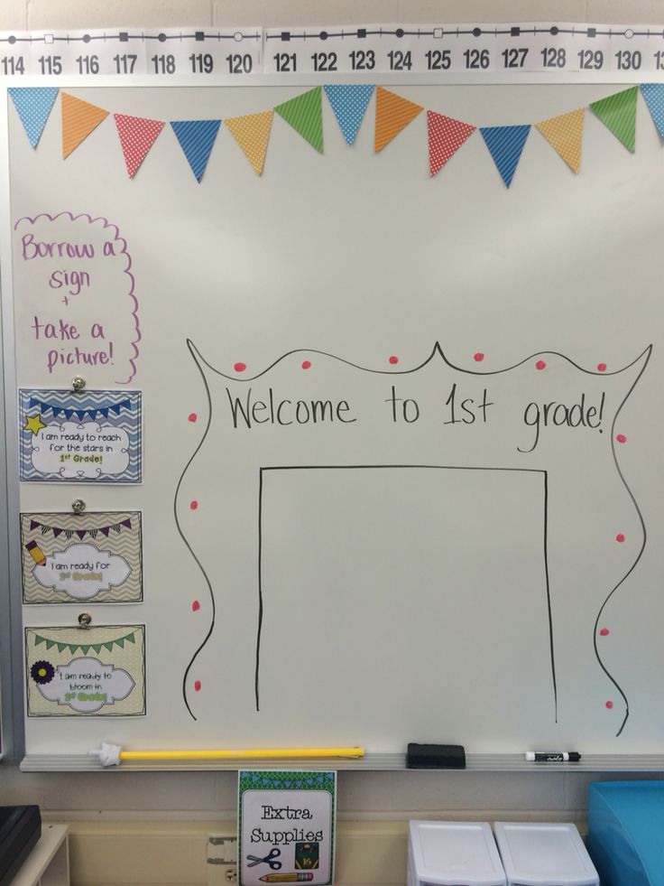 a welcome to 1st grade sign on a whiteboard in front of a bulletin board