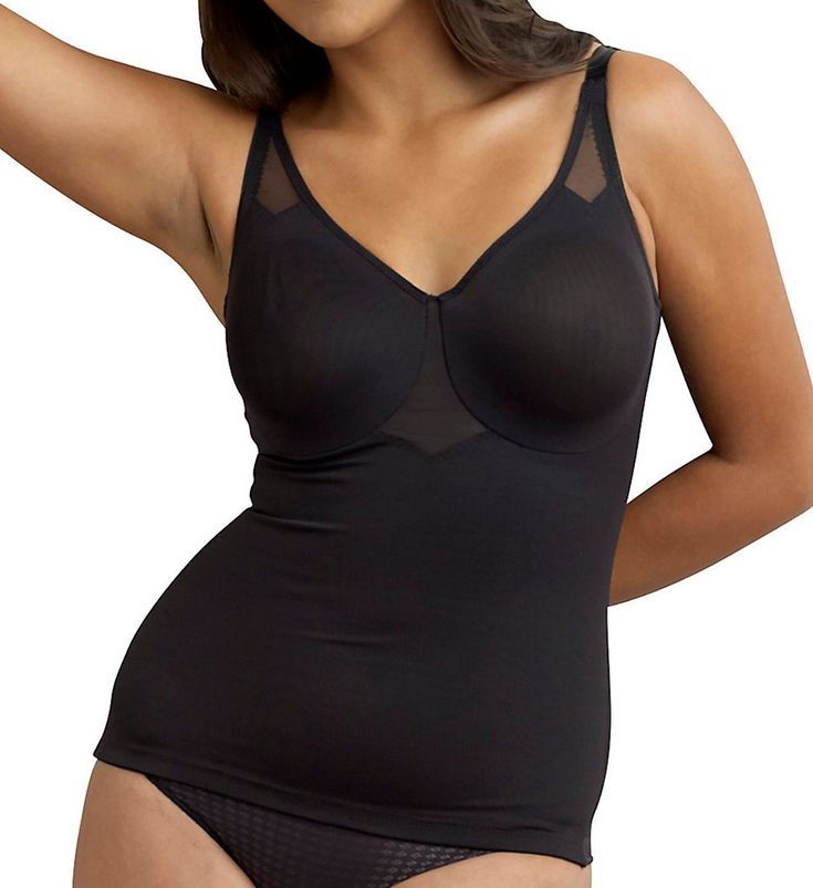 Get the best of all possible worlds with a shaper that breathes to deliver comfortable, sleek shaping. Supports the bust, shapes your middle and flattens the tummy. Look like you lost 10 lbs. in 10 seconds! Molded, underwire cups are made of two-layer breathable stretch mesh. Stretchy molded cups give a more custom fit if your breasts differ in size. Double panel front tames the tummy. Elastic straps adjust in back with plastic hardware. Back features breathable mesh V inset at top center. Cente Second-skin Smoothing Camisole Shapewear, Sleek Black Micro-elastic Shapewear, Micro-elastic Nylon Shapewear With Built-in Bra, Black Micro-elastic Seamless Shapewear, Micro-elastic Black Shapewear In Elastane, Lose 10 Lbs, Compression Garment, Muffin Top, Fabric Trim