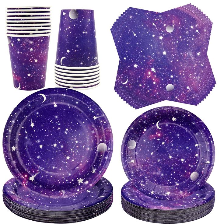 purple stars and moon paper plates with matching cups