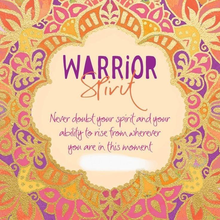 a colorful card with the words warrior spirit written in purple, orange and yellow colors