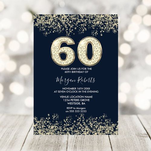 a 60th birthday party card with gold glitter on the front and black background, featuring an age