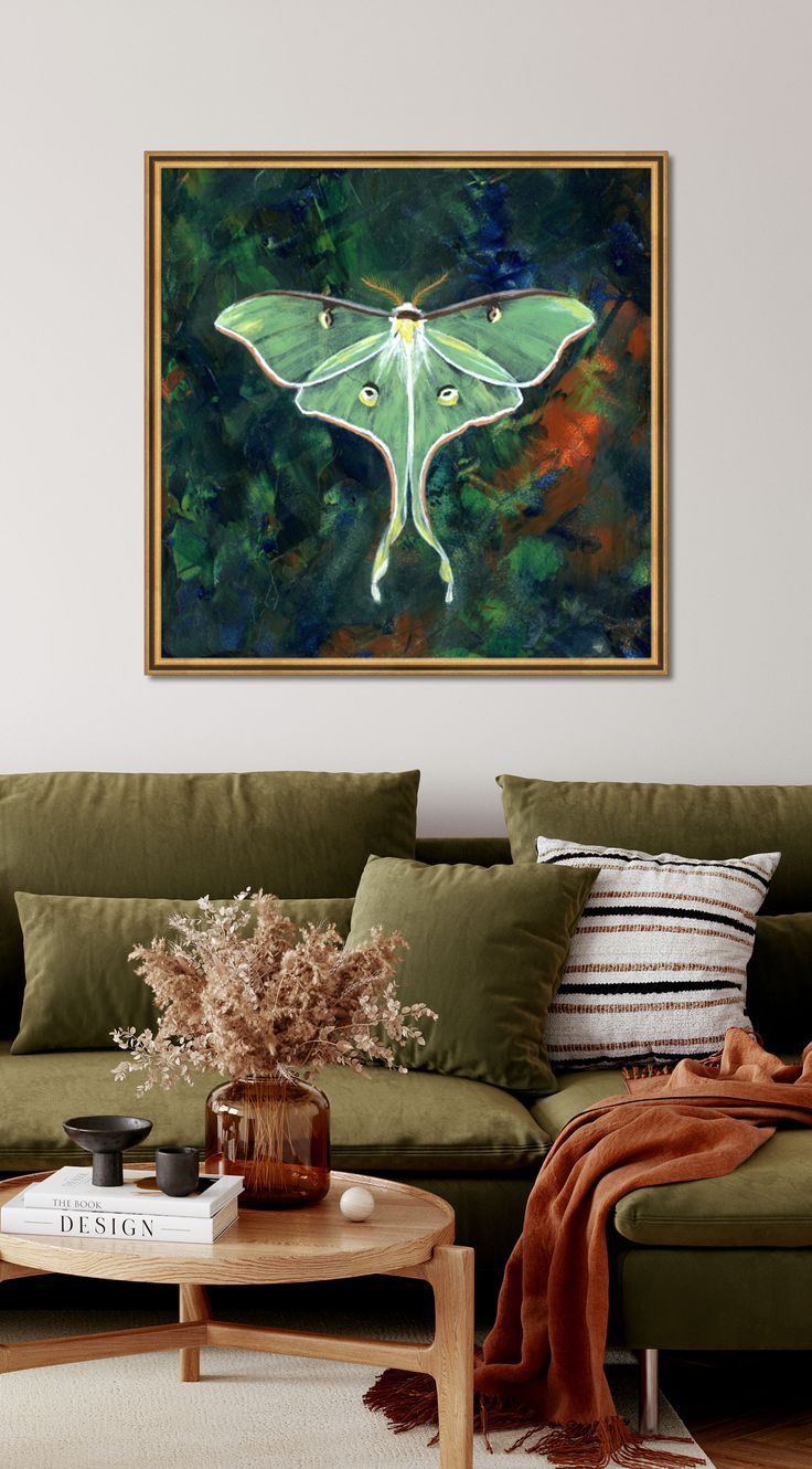 Luna moth art print framed on wall over sofa- moth art by Aimee Schreiber Luna Moth Art, Moth Artwork, Moth Art Print, Insect Print, Moth Art, Luna Moth, Artist Portfolio, Subtle Textures, Paintings & Prints