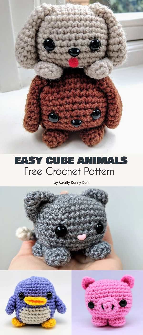 four crocheted animals are shown with the text easy cube animals free crochet pattern